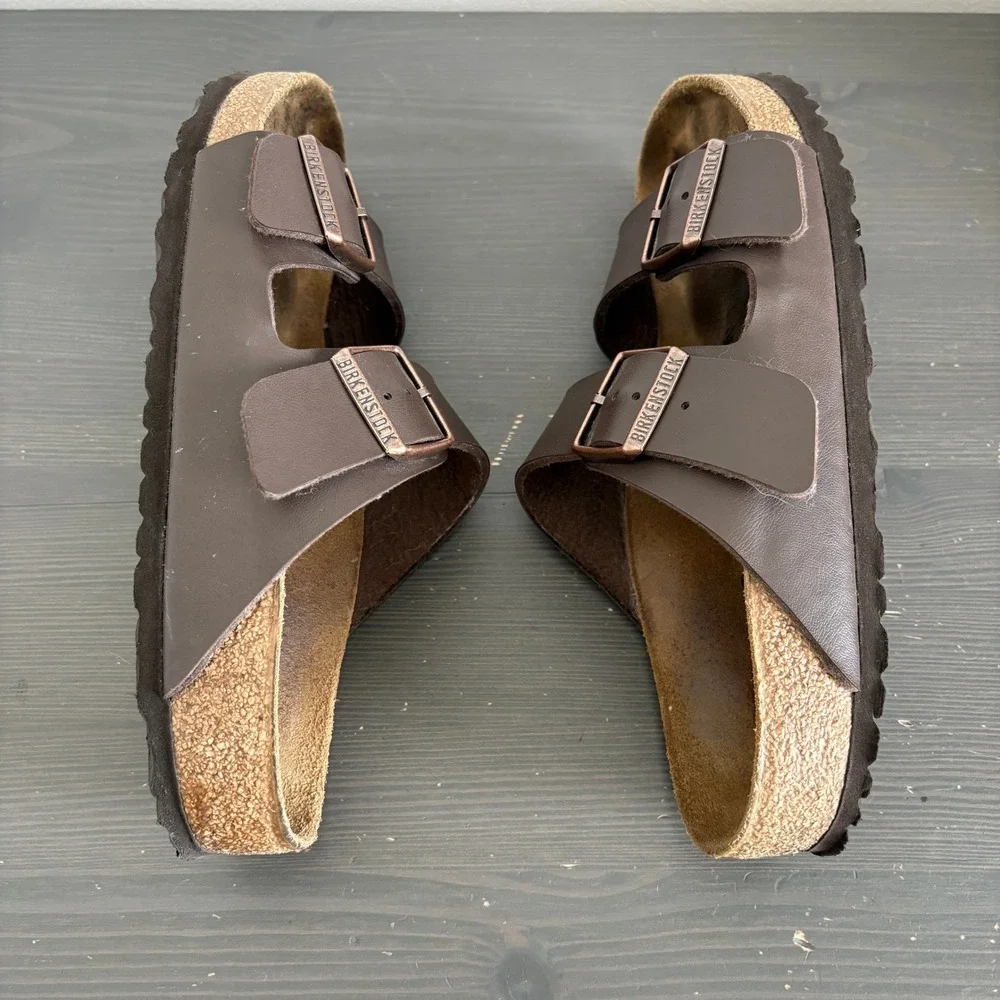 Birkenstock Sandals Arizona 38 Dark Brown Birko-Flor Two Strap Slide Comfort